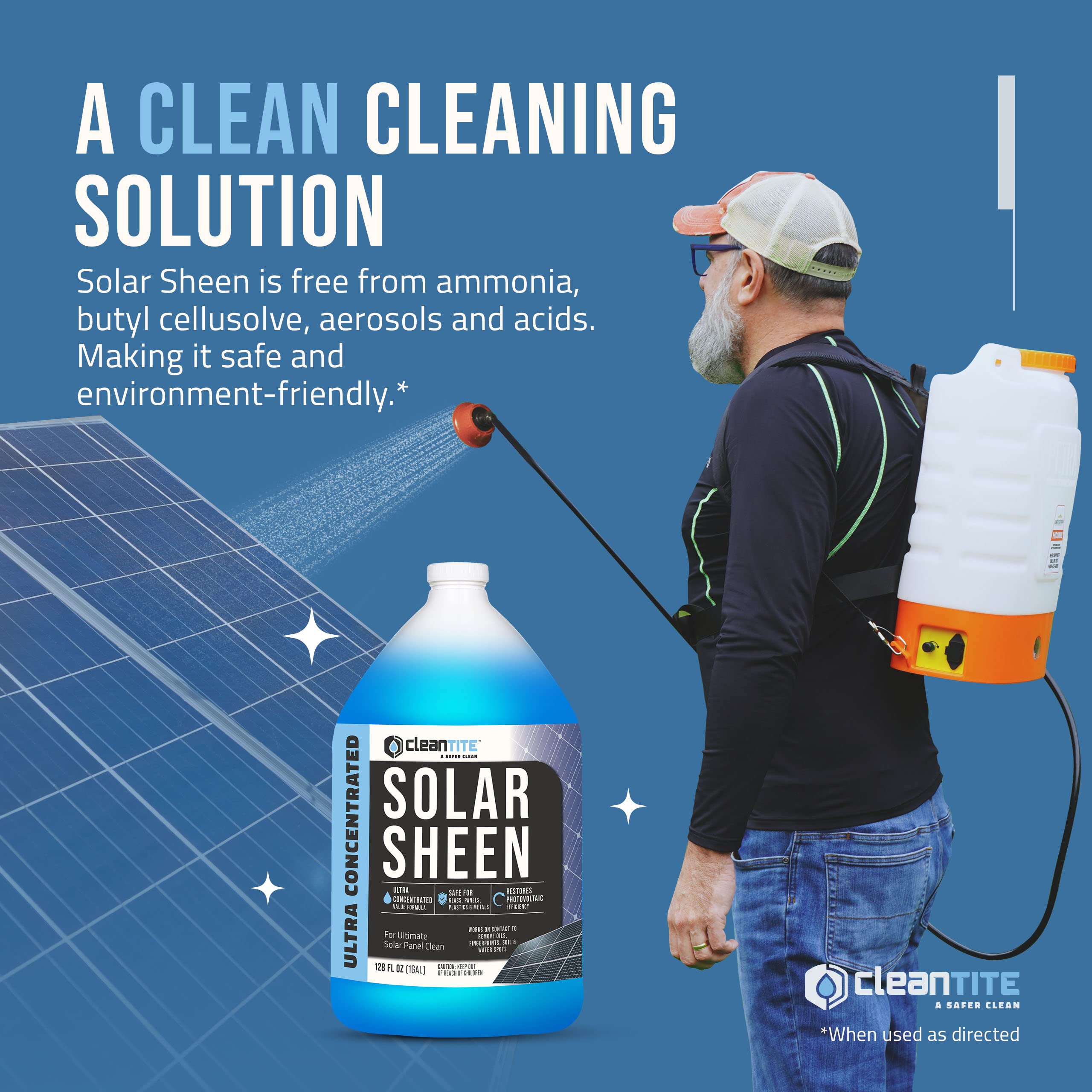 CLEANTITE Solar Panel Cleaner removes oils and fingerprints for clearer panels.