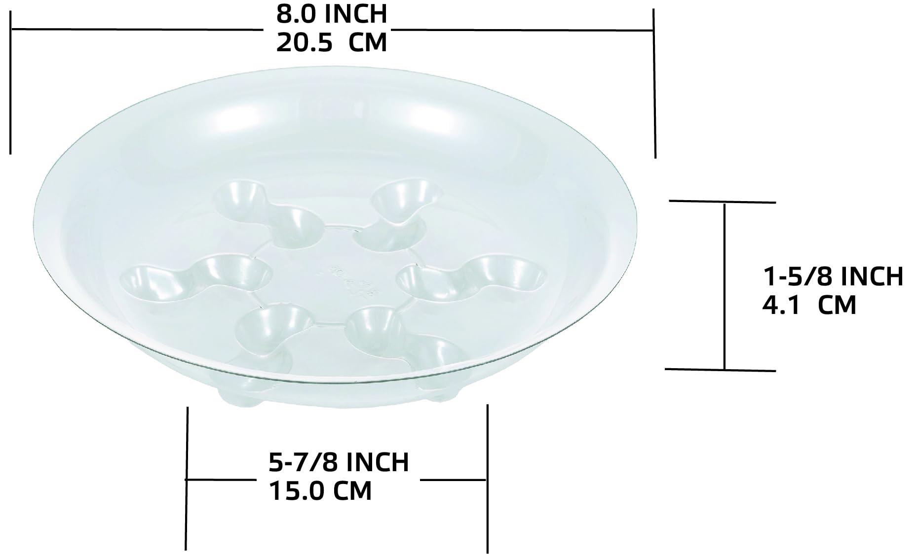 Clear plastic plant saucer 8in side view; protects surfaces from drips.