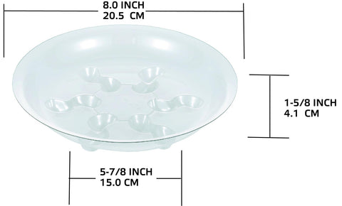 Clear plastic plant saucer 8in side view; protects surfaces from drips.