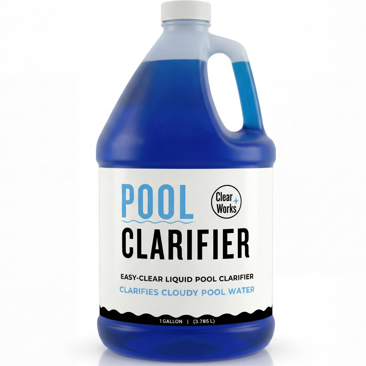 Clear Works Pool Clarifier bottle showing easy weekly dosing for maintenance.