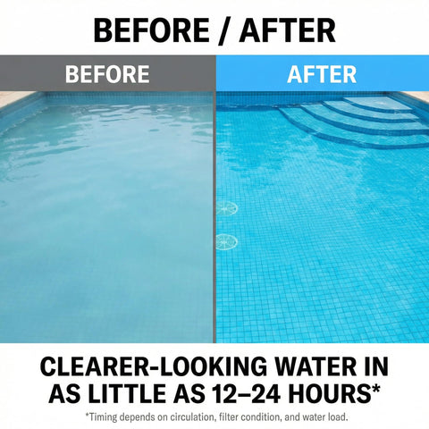 Clear Works Pool Clarifier cloudy water after treatment suggests improved clarity from filtration.