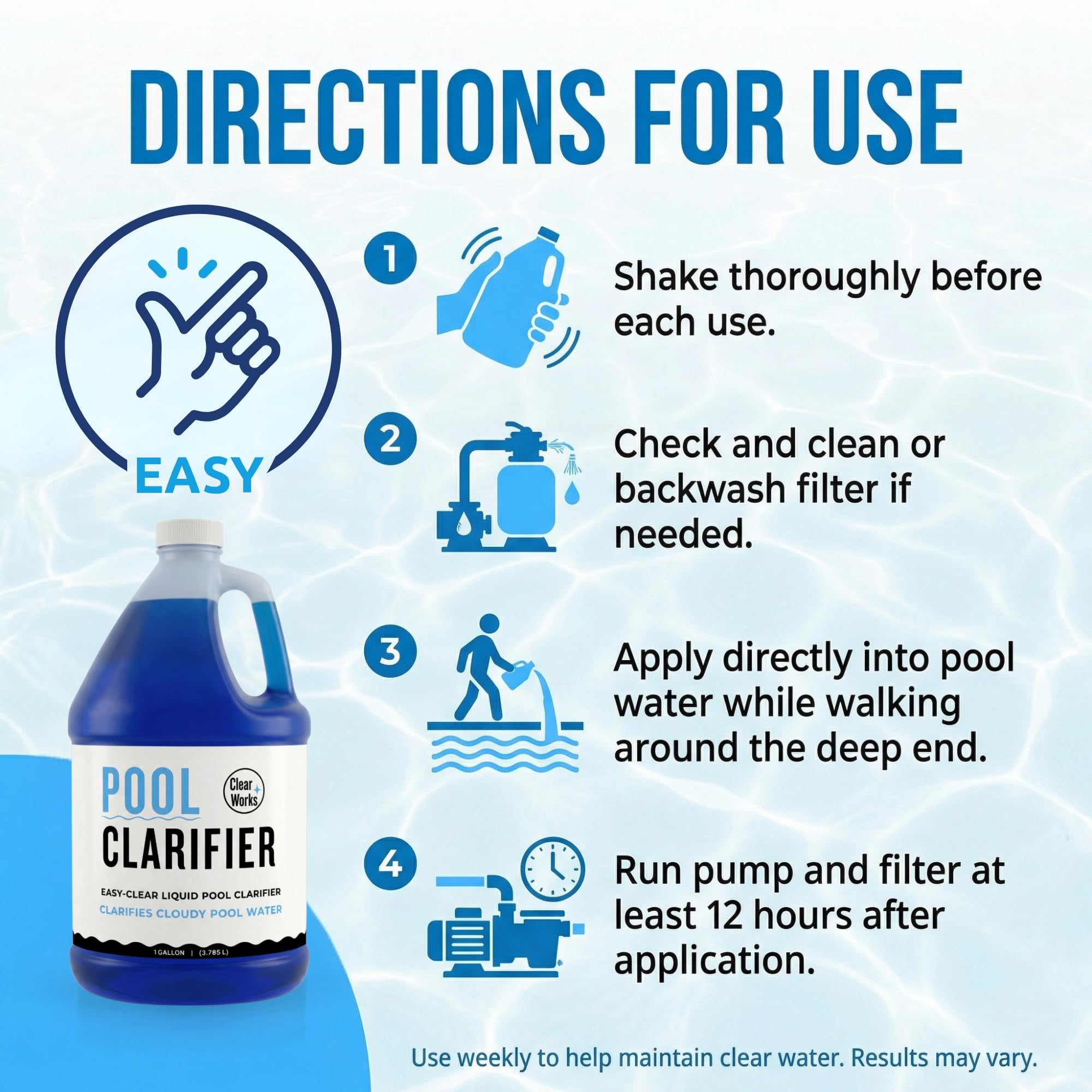Clear Works Pool Clarifier cloudy water before treatment hints at clarity after regular dosing.