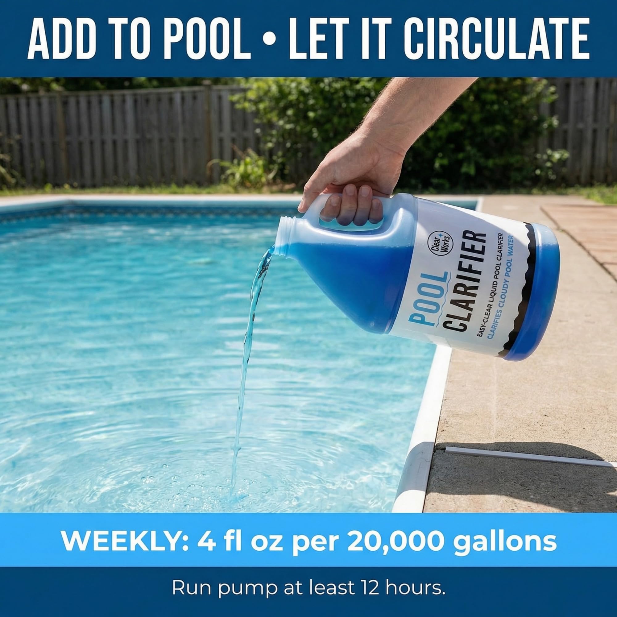 Clear Works Pool Clarifier in-ground scene highlights suitability for larger systems.
