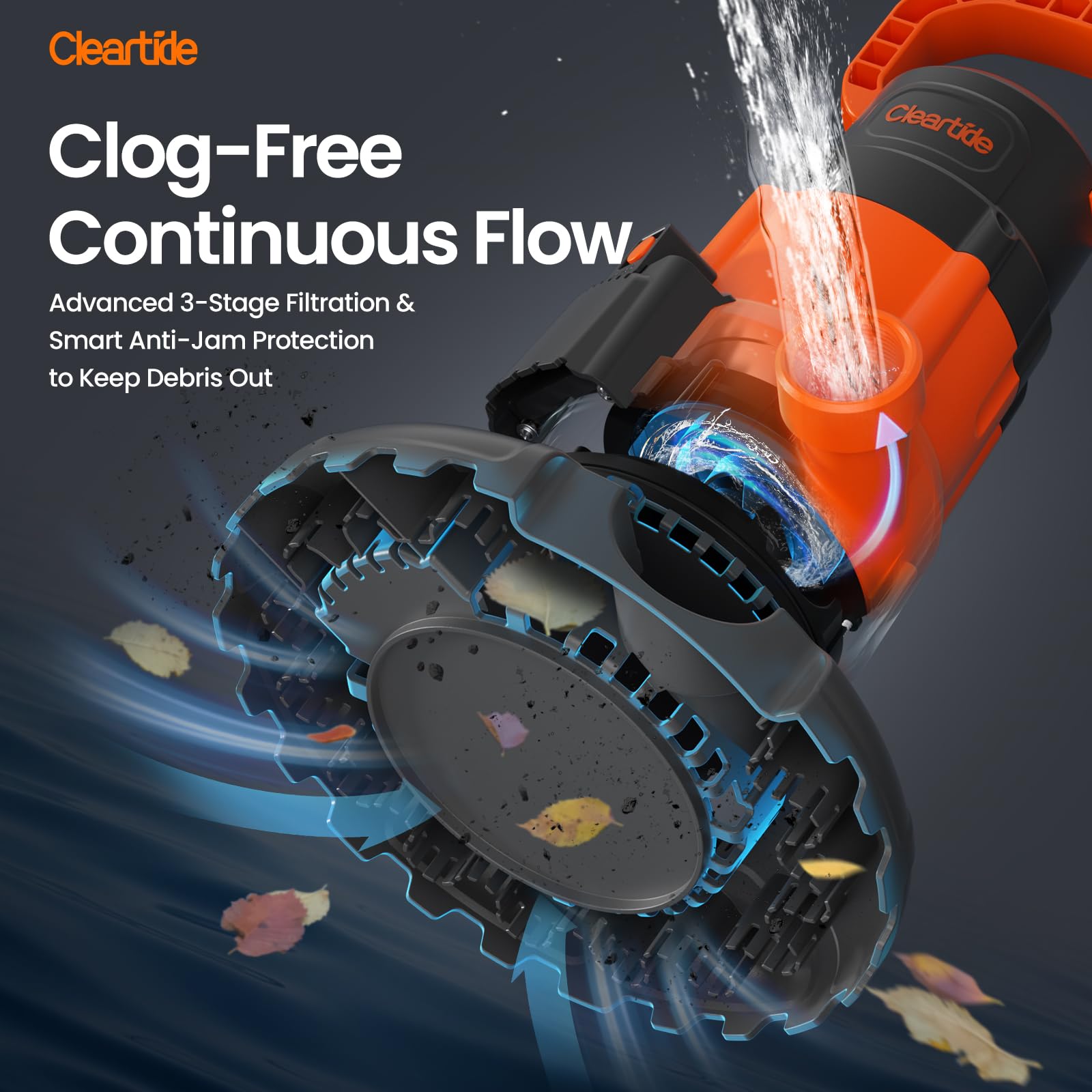 Cleartide 2-in-1 design converts pool cover pump to submersible utility pump.