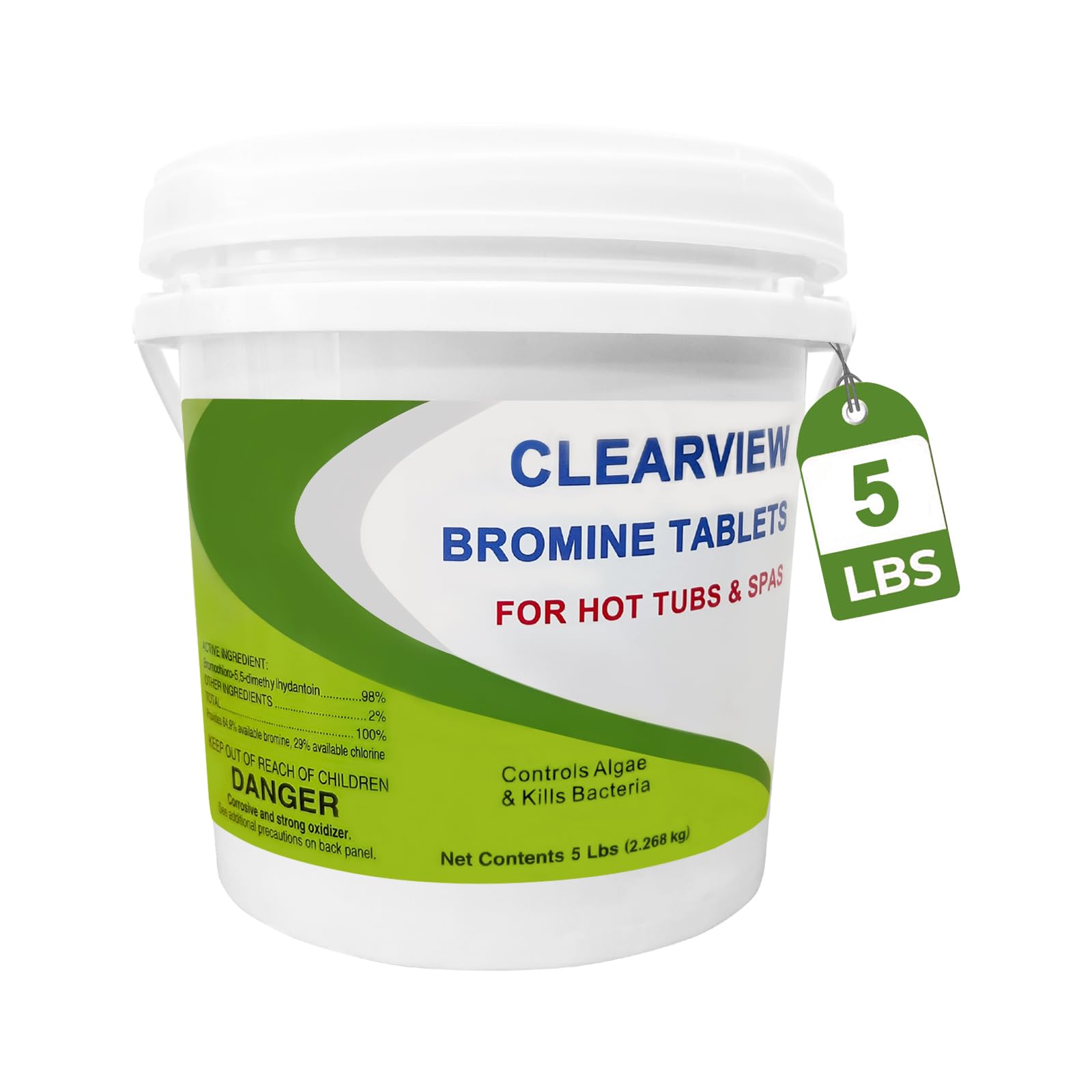 ClearView bromine tablets in a 5 lb container ready for spa sanitation.