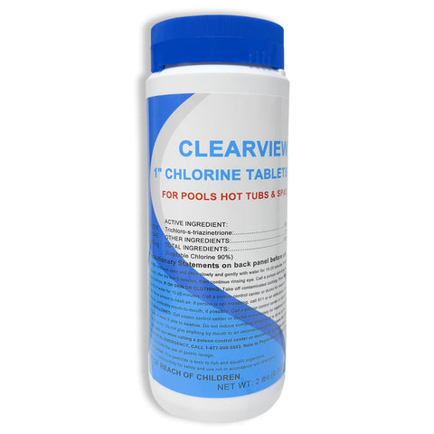 ClearView stabilized chlorine tablets 1 inch, 2 lb pack for steady pool sanitation.