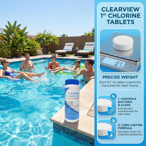 Closeup of ClearView tablets showing 1 inch diameter for consistent dosing.