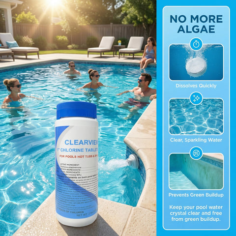ClearView tablets in floater dispensing steady chlorine for pools.