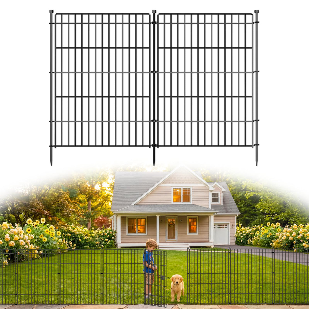 CLEASO 10-panel no-dig garden fence with gate for easy setup and yard protection.