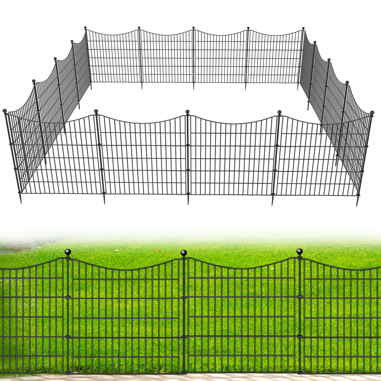 CLEASO 15-panel no-dig dog fence panel close-up highlights spear-top design for yard safety.