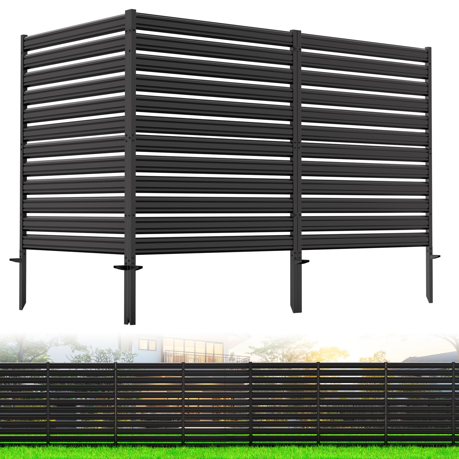 CLEASO 3-Panel No-Dig Privacy Fence front view shows discreet outdoor privacy with rustproof steel