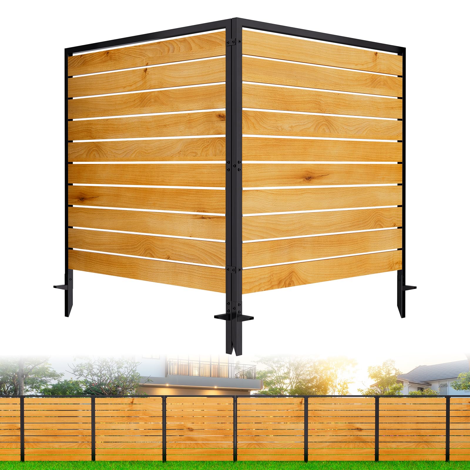 CLEASO two panels no-dig wood privacy fence conceals AC units and trash bins