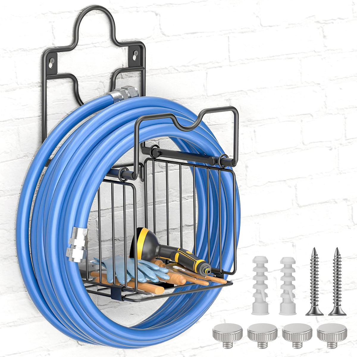 CLESOO garden hose holder wall mount in black keeps hoses neatly stored outdoors.