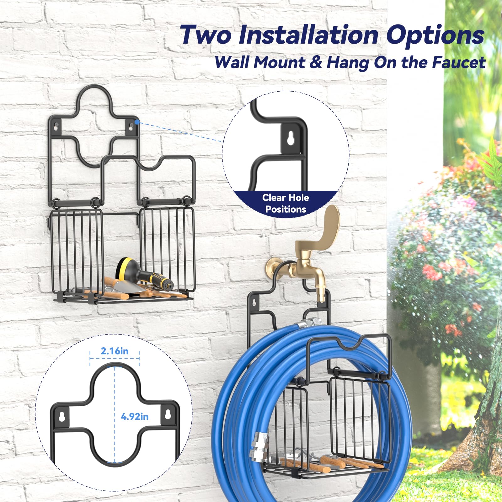CLESOO heavy-duty metal hose rack withstands years of outdoor use.