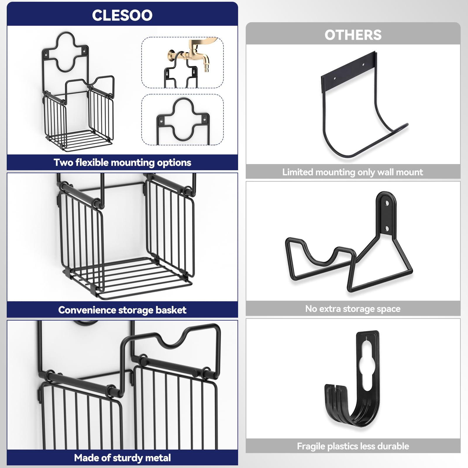 CLESOO multi-scenario hose storage keeps adapters and tools organized.