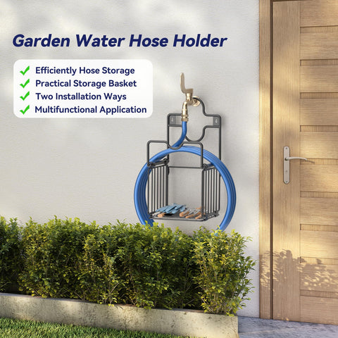 CLESOO outdoor hose storage basket in black provides quick access to tools.