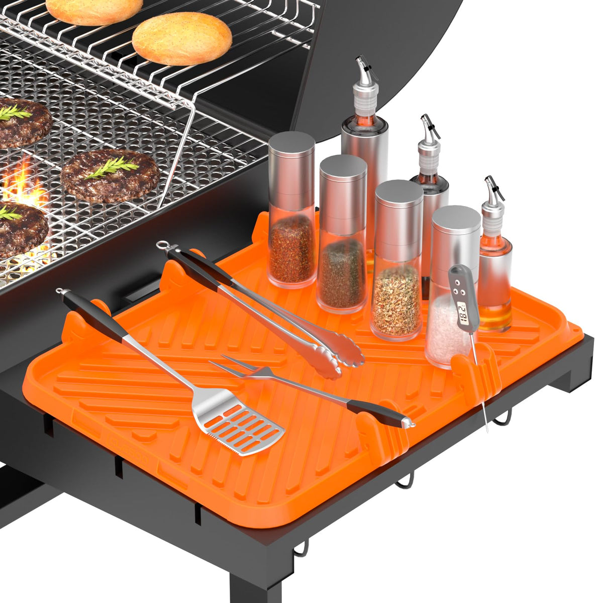 CLESOO silicone griddle tool mat on side shelf keeps spatulas organized and within reach.