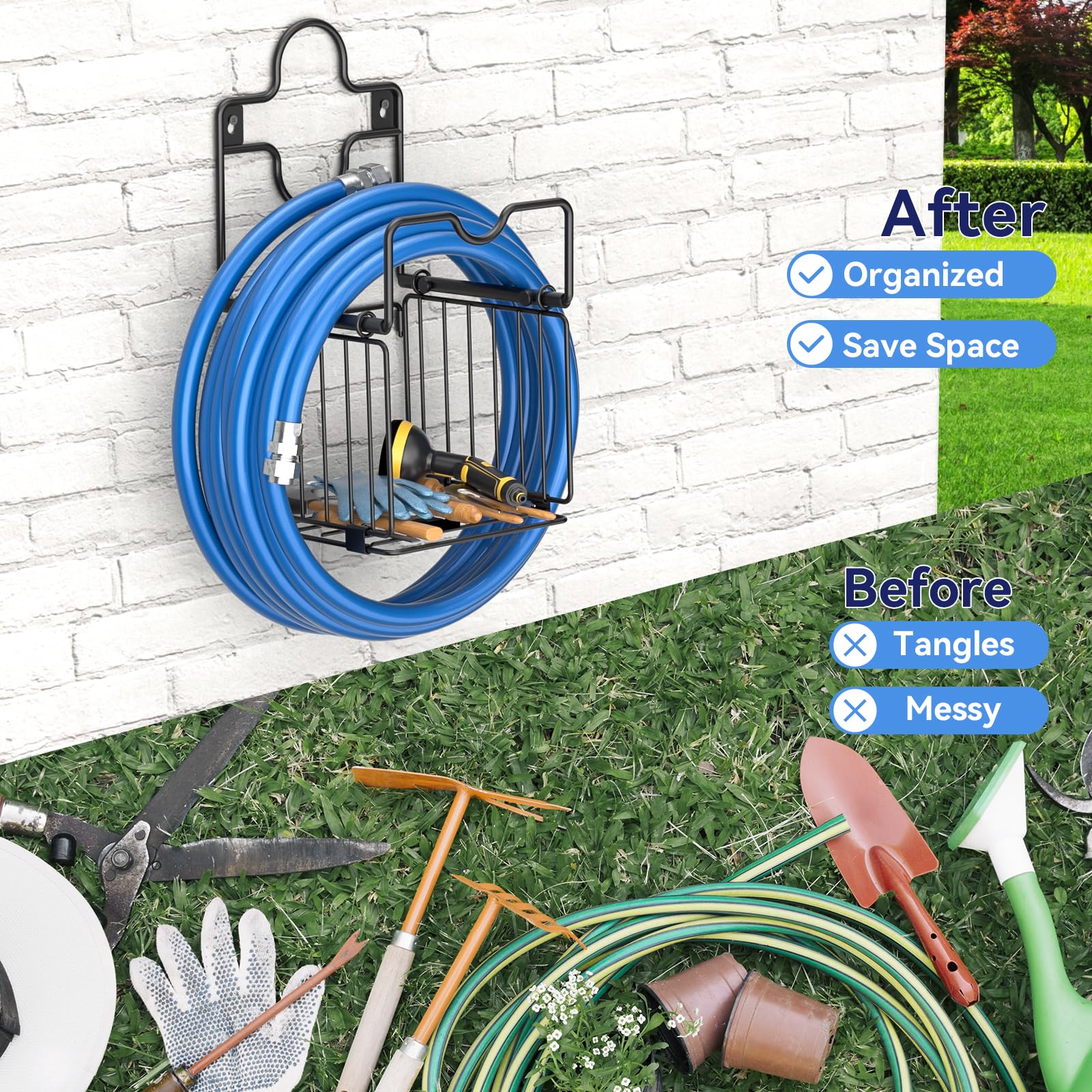 CLESOO space-saving hose hanger reduces clutter in gardens and patios.