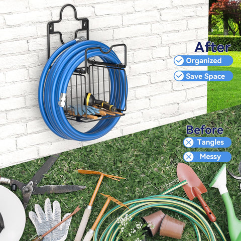 CLESOO space-saving hose hanger reduces clutter in gardens and patios.