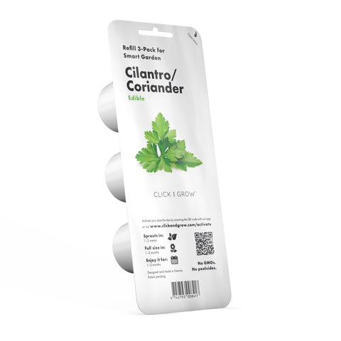 Click and Grow cilantro pod close-up for fresh home garnish.