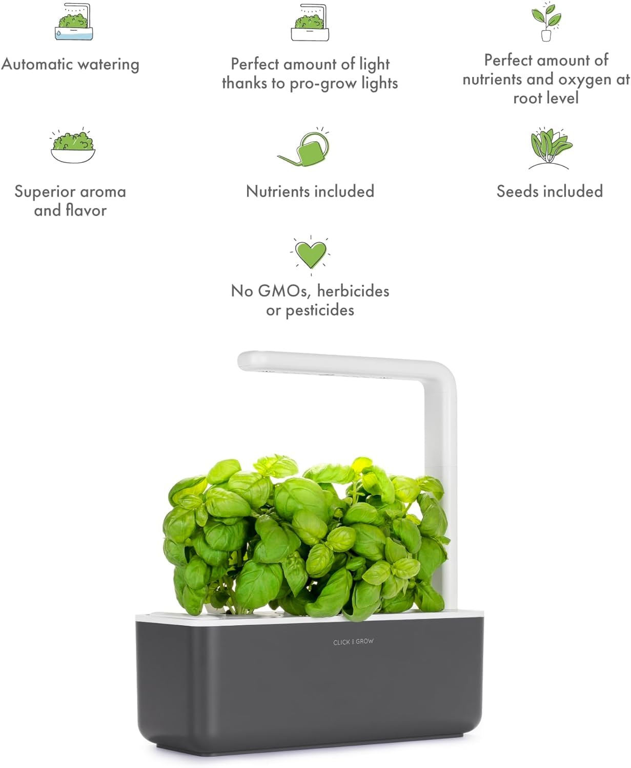 Click & Grow kitchen-window garden shows a compact grey unit for small spaces.