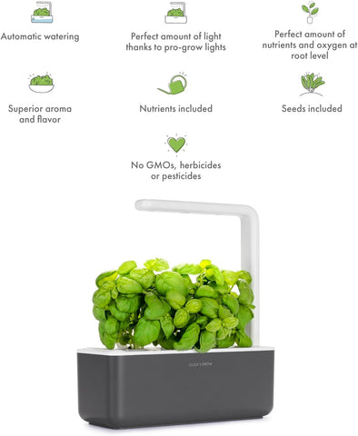 Click & Grow kitchen-window garden shows a compact grey unit for small spaces.