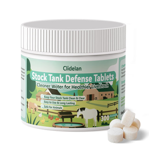Clidelan Stock Tank Defense Tablets bottle front for clear water