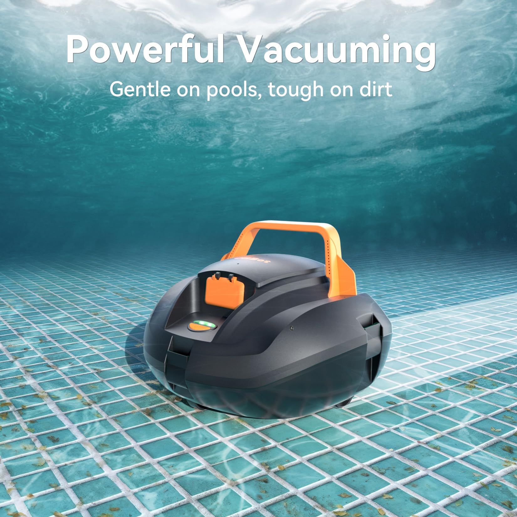 CliBot cordless pool vacuum in-use shows efficient surface cleaning on pool floor.
