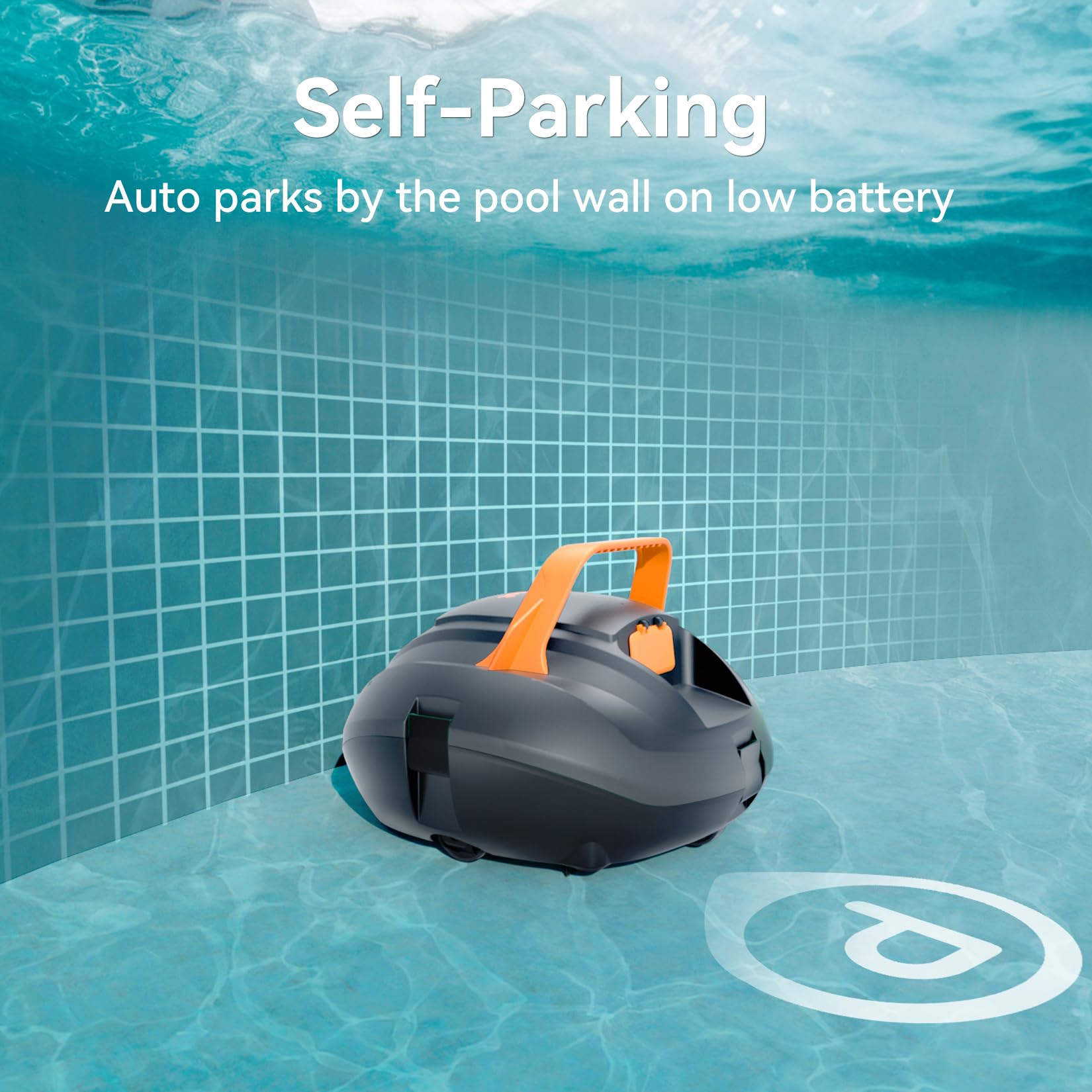 CliBot cordless pool vacuum self-parking view shows auto-stop near walls.