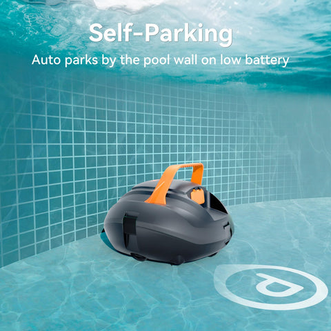 CliBot cordless pool vacuum self-parking view shows auto-stop near walls.