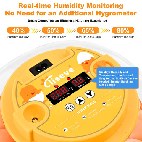 Cliseve incubator shows automatic Turner holding 12 eggs for even heat.