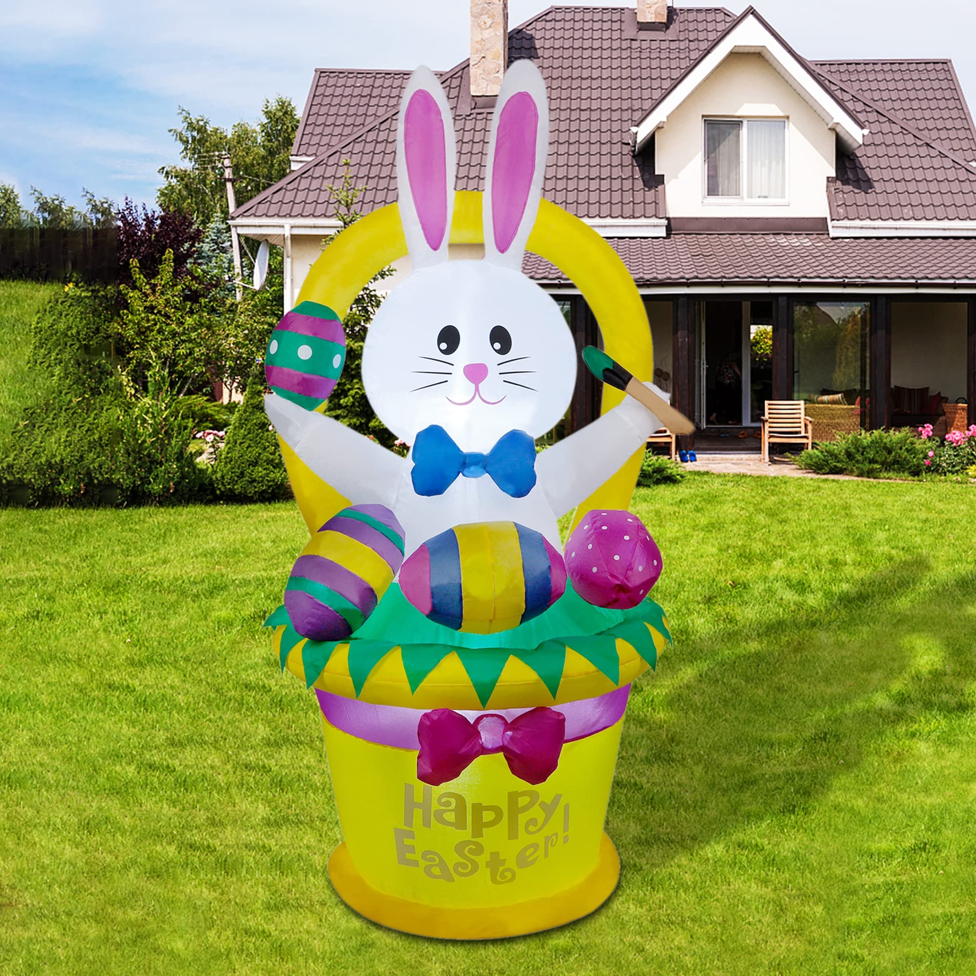 Cllayees Easter bunny inflatable with pen-drawn egg pose for playful display