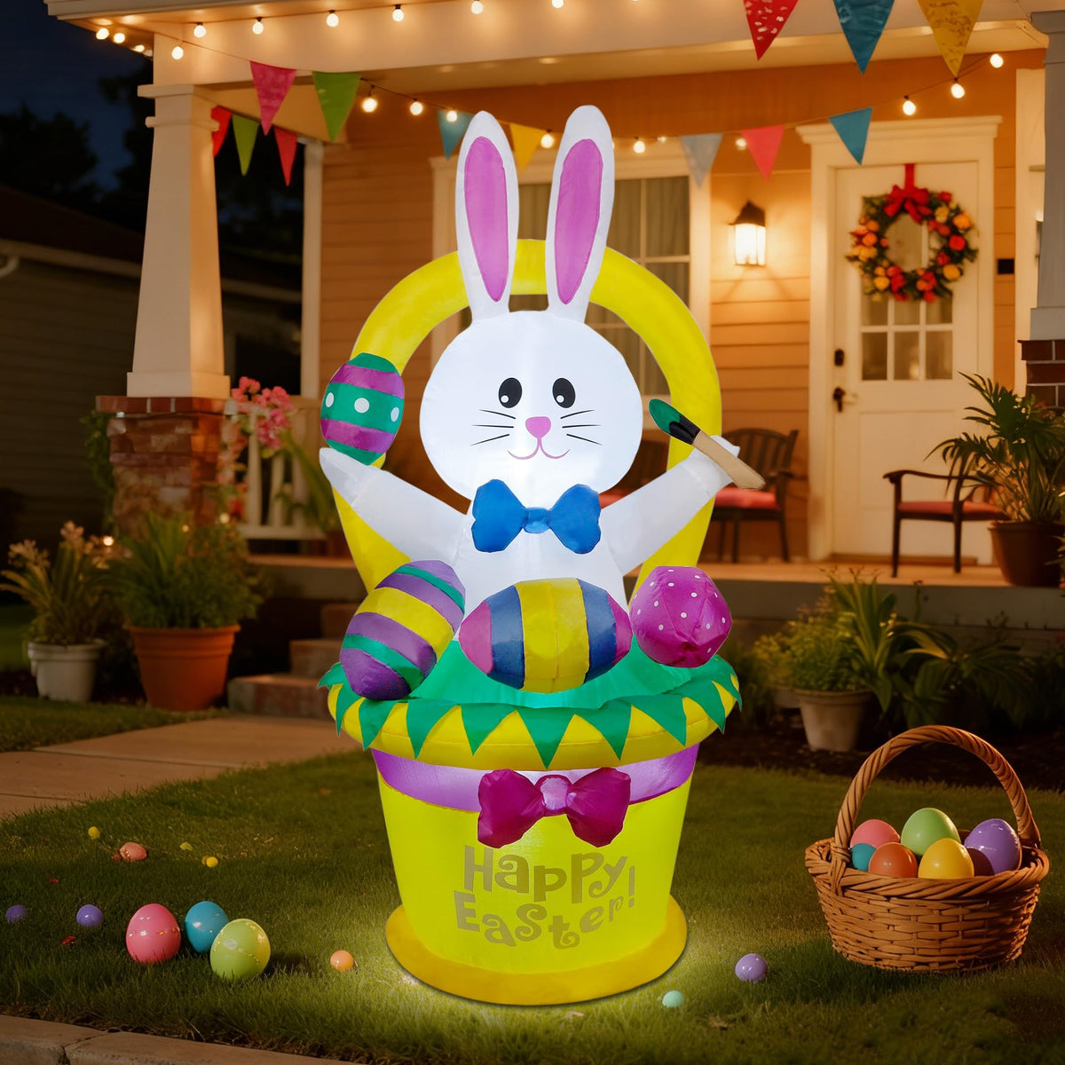 Cllayees Easter inflatable bunny with basket and eggs greeting guests in the yard