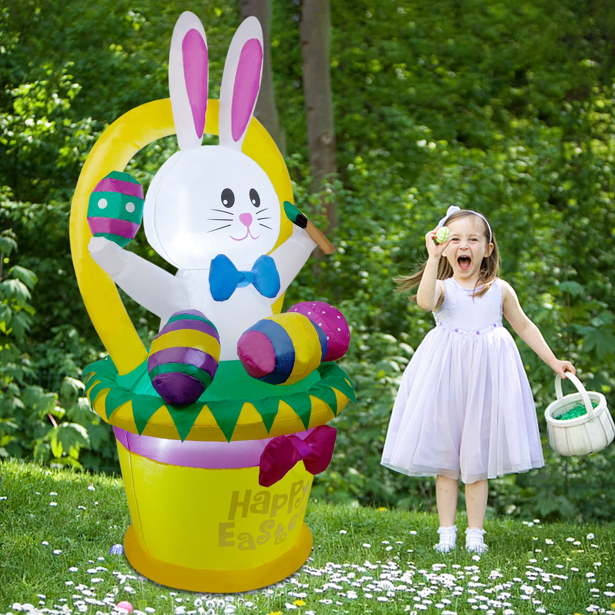 Cllayees Easter inflatable secured with ground stakes and ropes