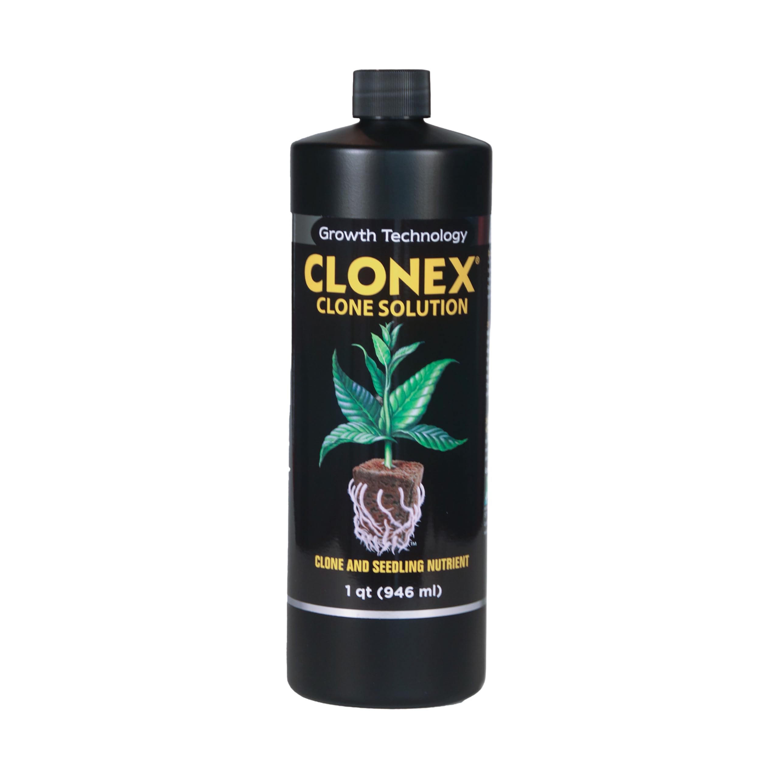Clonex Clone Solution bottle front highlights seedling growth nutrients.