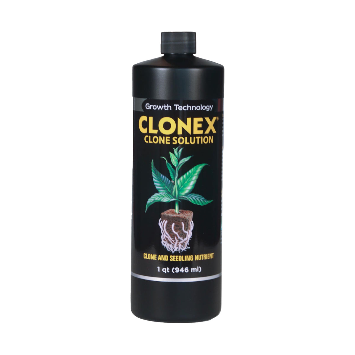 Clonex Clone Solution bottle front highlights seedling growth nutrients.