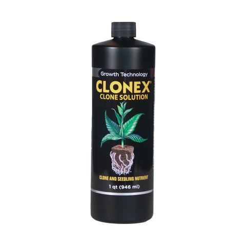 Clonex Clone Solution bottle front highlights seedling growth nutrients.