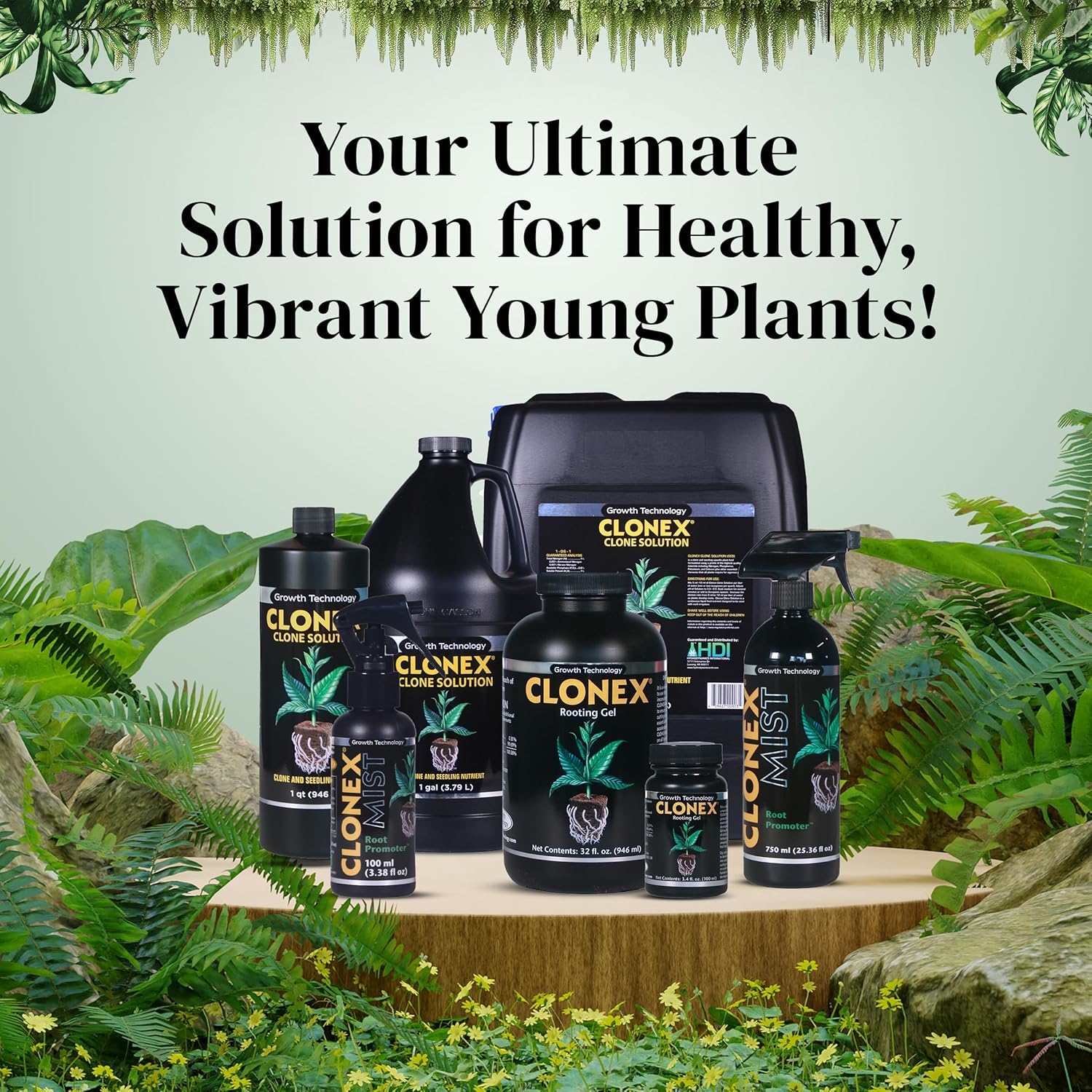 Clonex Clone Solution bottle label shows versatile root feeding for cuttings.