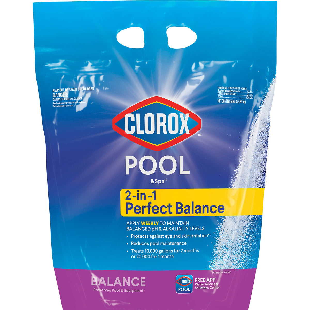 Clorox Pool&Spa 2-in-1 Perfect Balance bottle pour for balanced water.