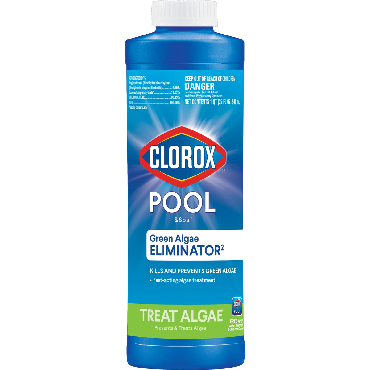 CLOROX Pool&Spa algaecide bottle poured for quick algae treatment