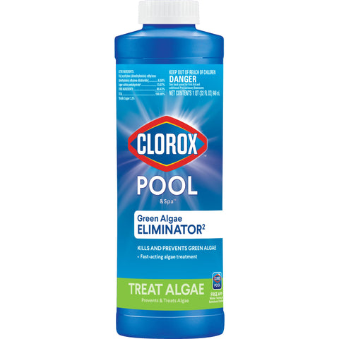 CLOROX Pool&Spa algaecide bottle poured for quick algae treatment