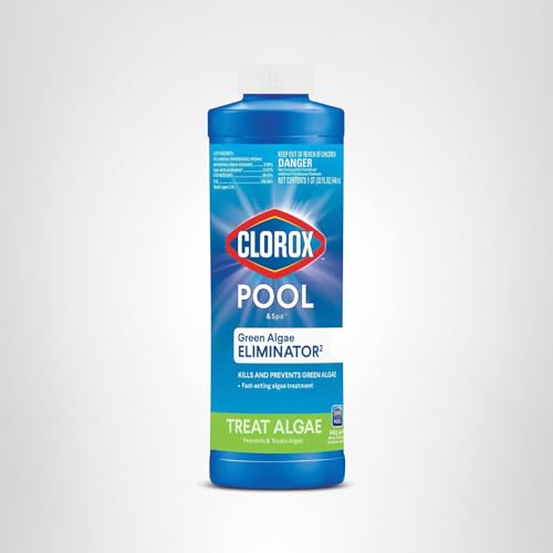 Close-up of CLOROX Pool&Spa label highlighting fast-acting algae treatment
