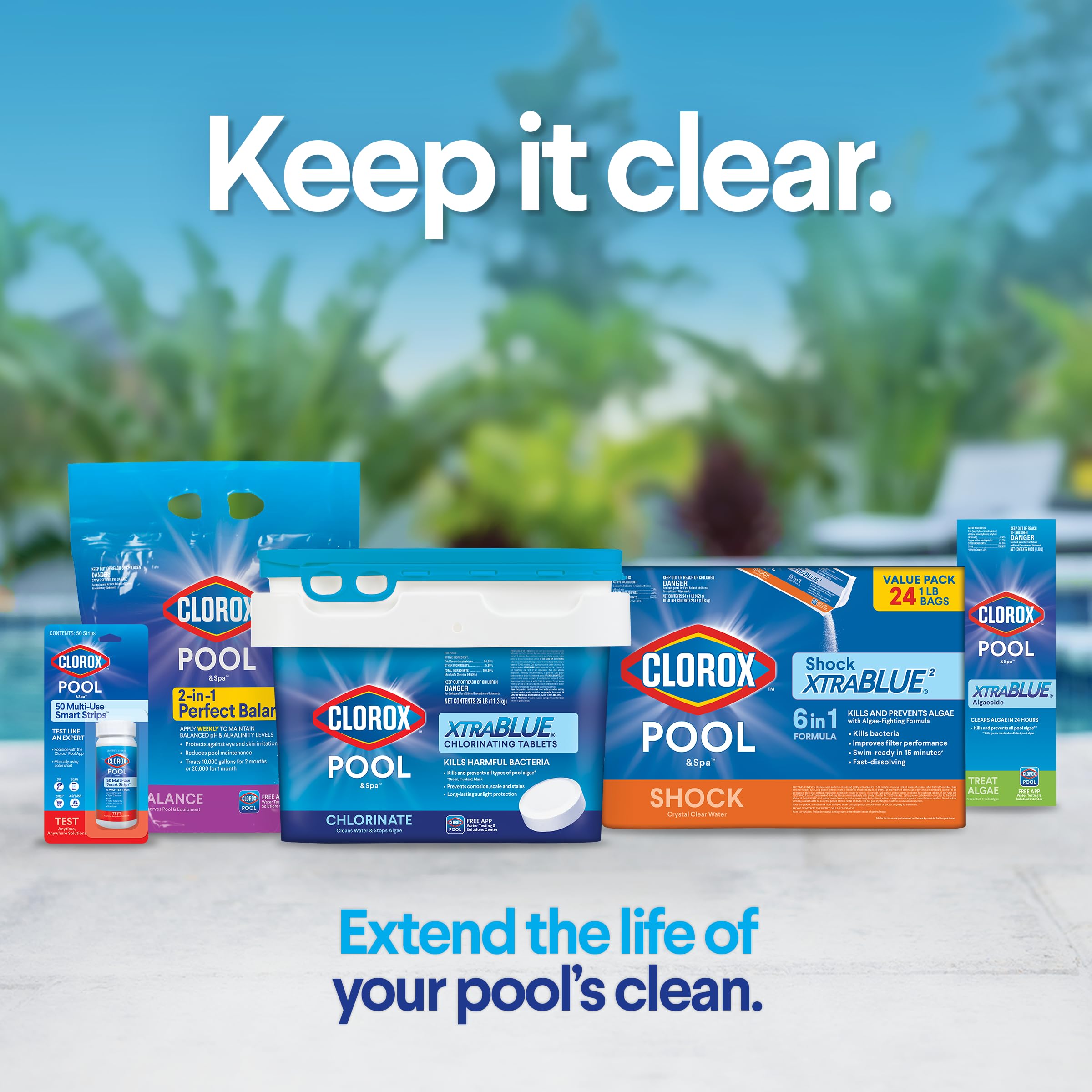 Clorox Pool App screenshot guides testing and dosage for XTRABLUE users.