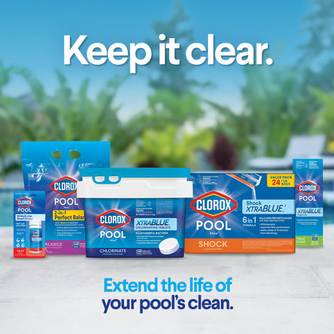 Clorox Pool App screenshot guides testing and dosage for XTRABLUE users.