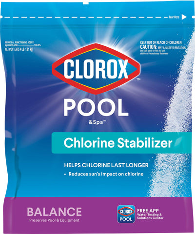 Clorox Pool&Spa chlorine stabilizer 4lb package protects chlorine from sun to extend sanitization