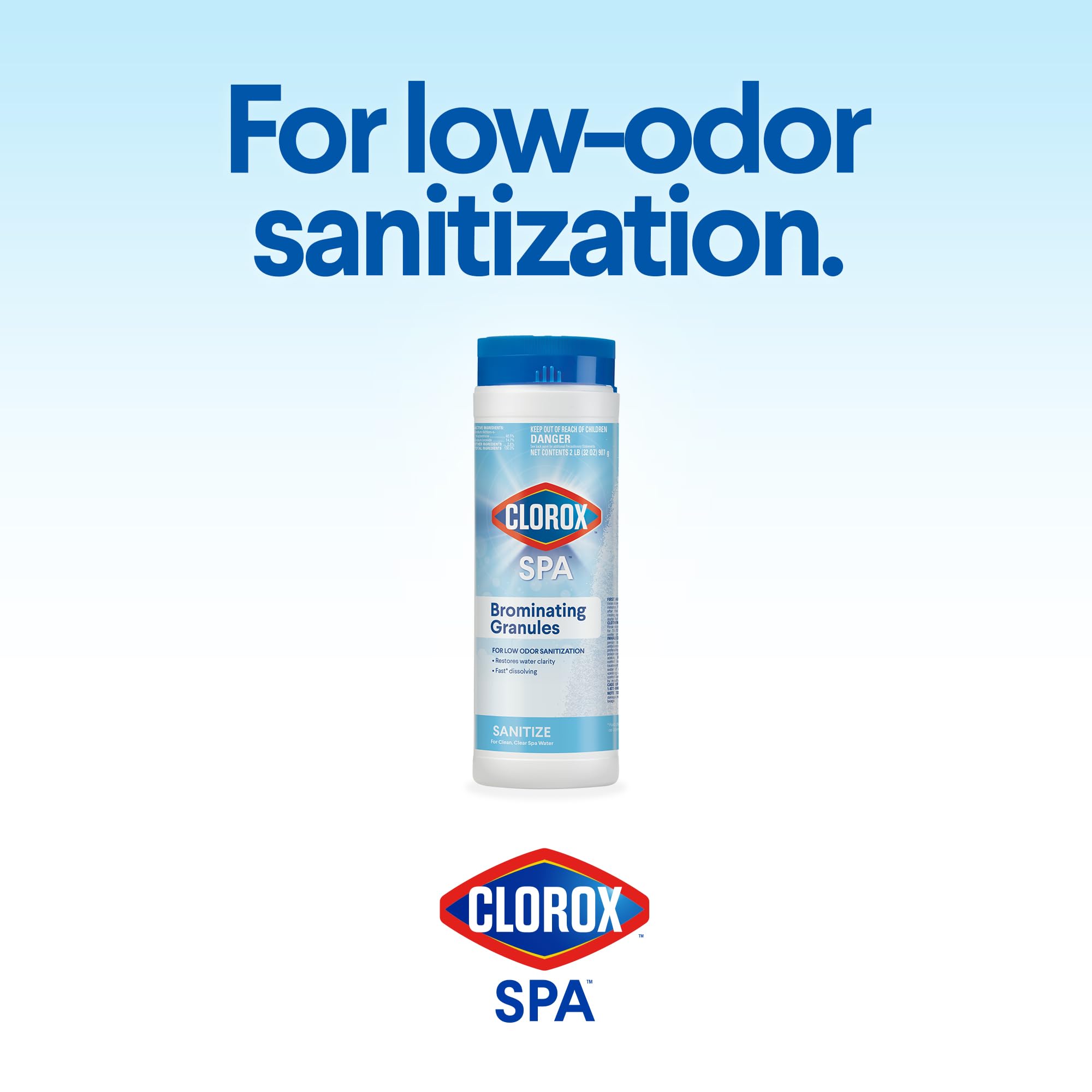 Clorox Pool&Spa low-odor sanitization for a more pleasant spa experience.