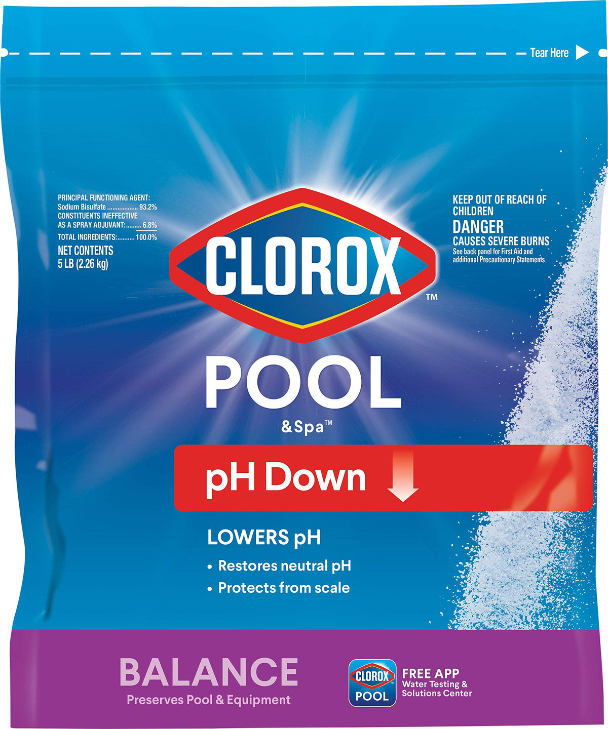 CLOROX Pool&Spa pH Down bottle pouring to lower pH for balanced water.