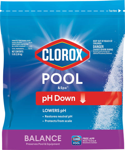 CLOROX Pool&Spa pH Down bottle pouring to lower pH for balanced water.