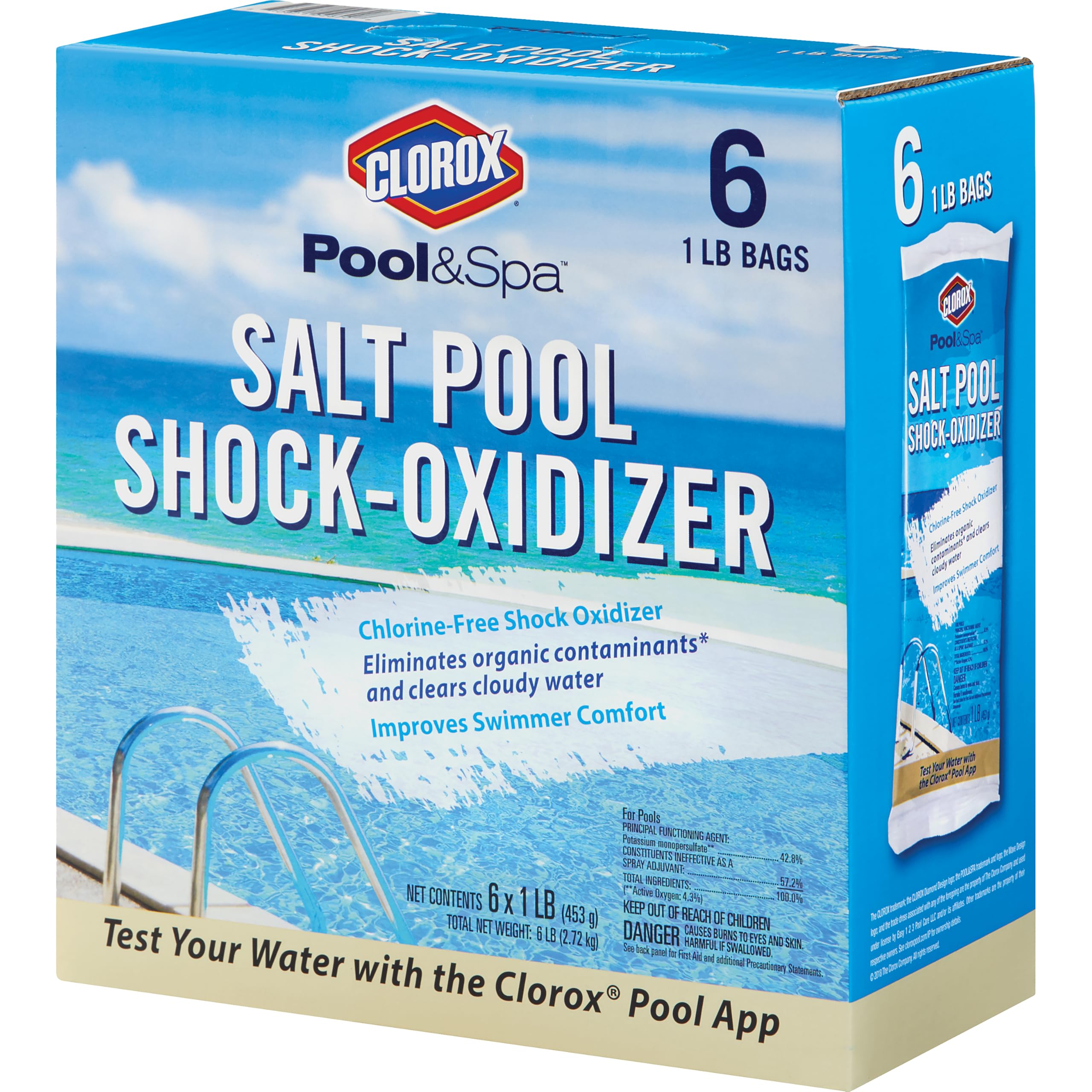 Clorox Pool&Spa Salt Pool Shock-Oxidizer bottle showing chlorine-free formula for clearer water.