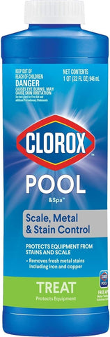 Clorox Pool&Spa scale and metal stain control bottle prevents metal stains in your pool